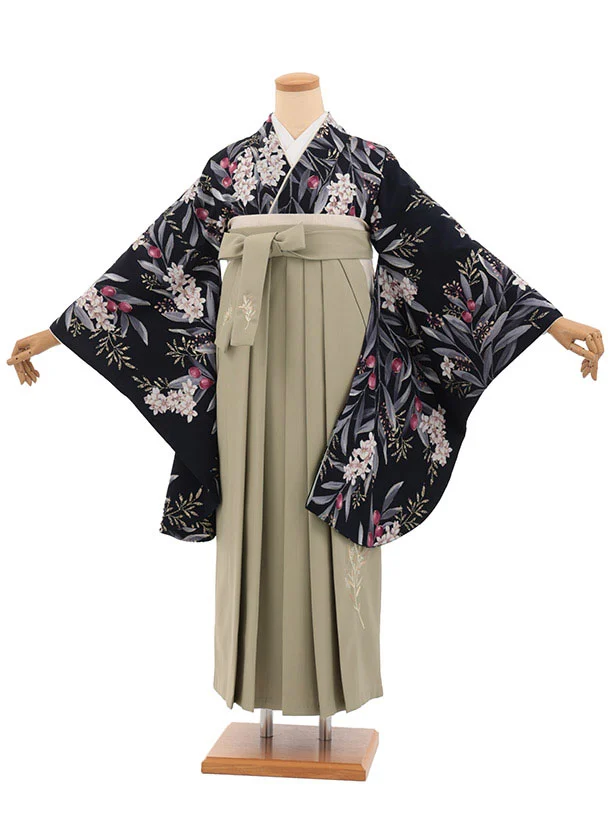 卒業式袴レンタルT563 SUGARKEI ネイビー オリーブの花×モカベージュ