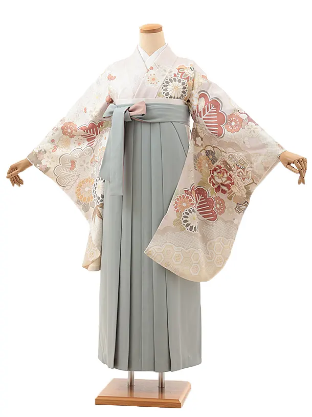 卒業式袴レンタルV312 ﾋﾟﾝｸﾍﾞｰｼﾞｭ 花×グレー小花 | 着物レンタル