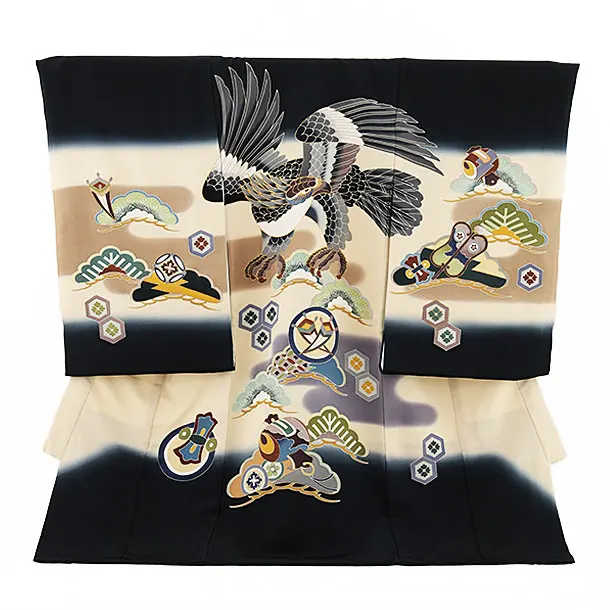 男児産着 お宮参り 正絹 1313 黒地 絞りのしめ かぶと刺繍