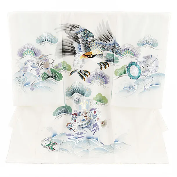 男児産着 お宮参りレンタル2597【高級正絹】白地 鷹に宝船と波