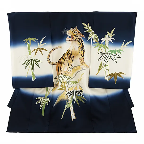 男児産着 お宮参りレンタル2635【正絹】紺地ぼかし 虎に竹