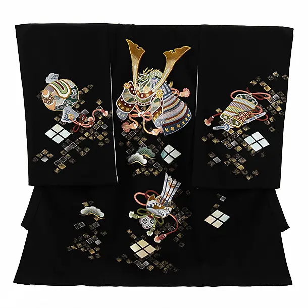 男児産着 お宮参りレンタル2637【正絹】黒地 兜刺繍に小槌