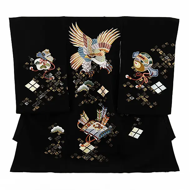 男児産着 お宮参りレンタル2638【正絹】黒地 鷹刺繍に矢羽根