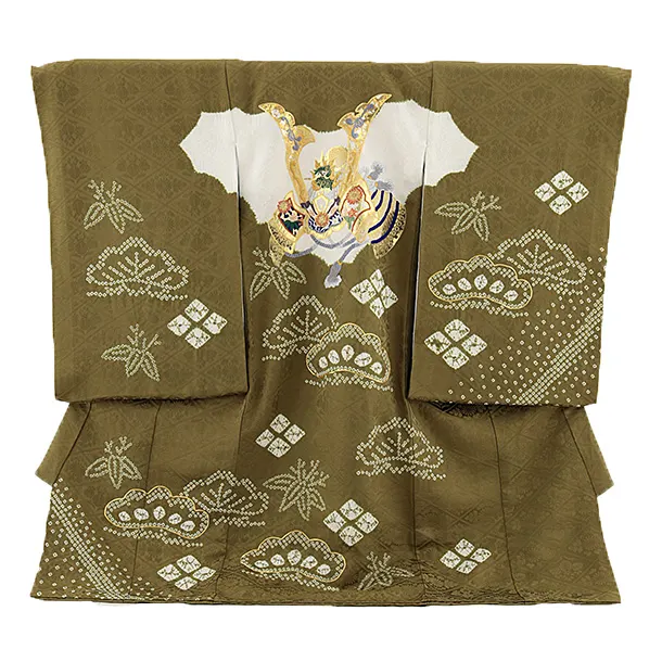 男児産着 お宮参りレンタル2642【正絹】抹茶色 兜刺繍に松