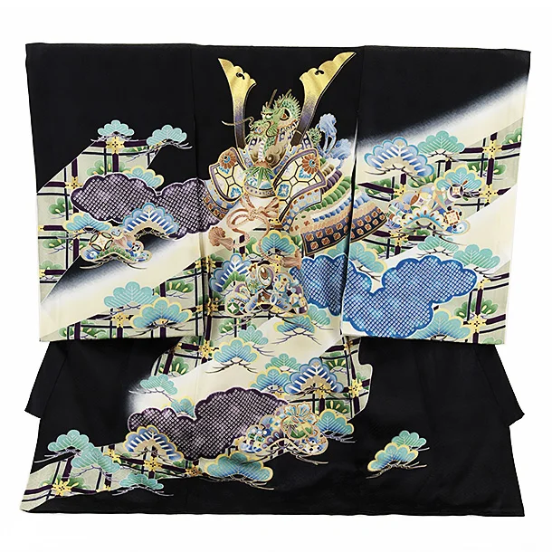 男児産着 お宮参りレンタル2643【正絹】黒地 兜に松