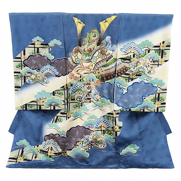 男児産着 お宮参りレンタル2644【正絹】ブルー地 兜に松