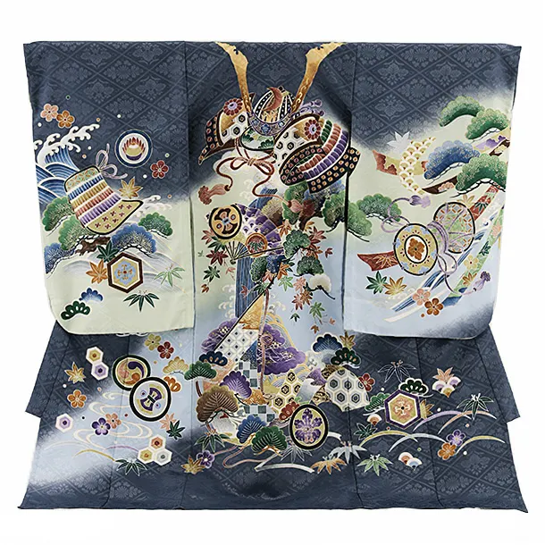 夏用 男児産着 お宮参り 2672 単衣 ブルーグレー 兜に松