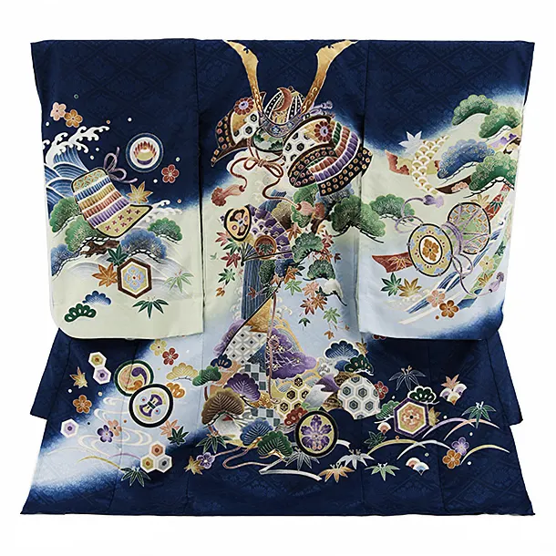 夏用 男児産着 お宮参り 2673 単衣 青地 兜に松