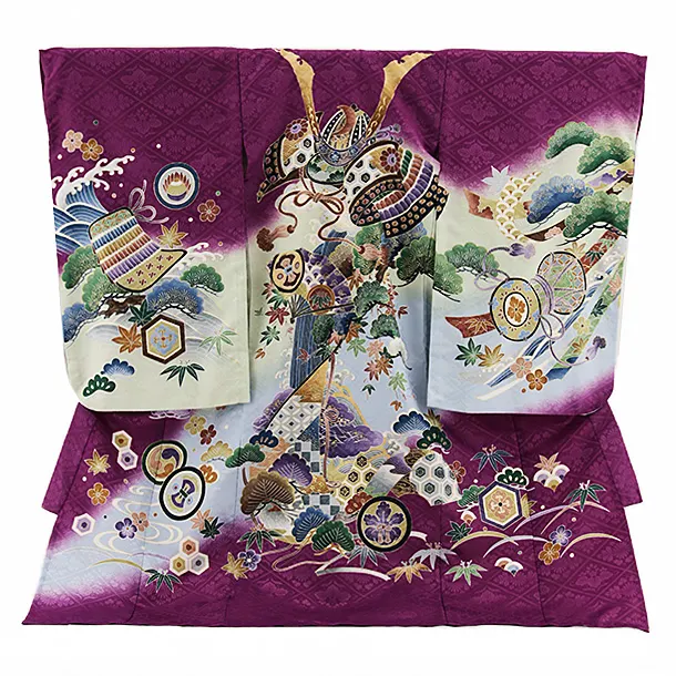 夏用 男児産着 お宮参り 2674 単衣 パープル地 兜に松