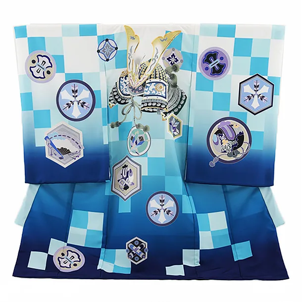 男児産着 お宮参りレンタル2675 白地 青格子 兜に丸紋