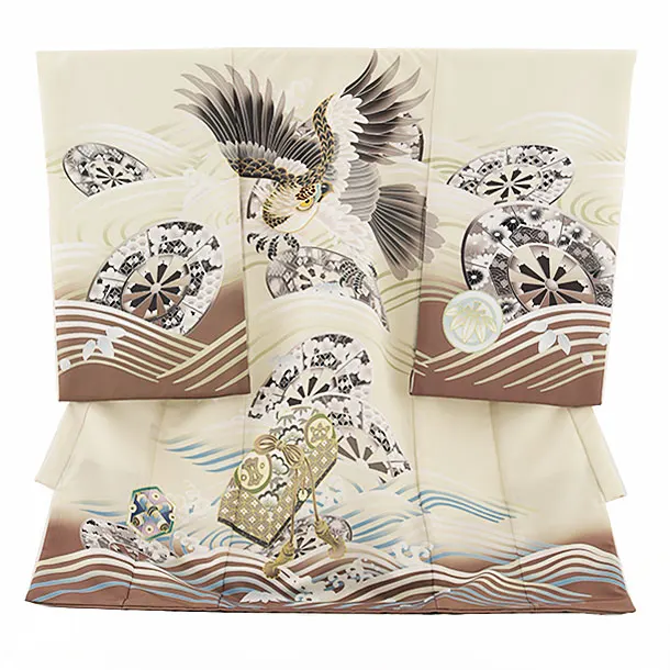 男児産着 お宮参りレンタル2680 ベージュ 鷹に源氏車