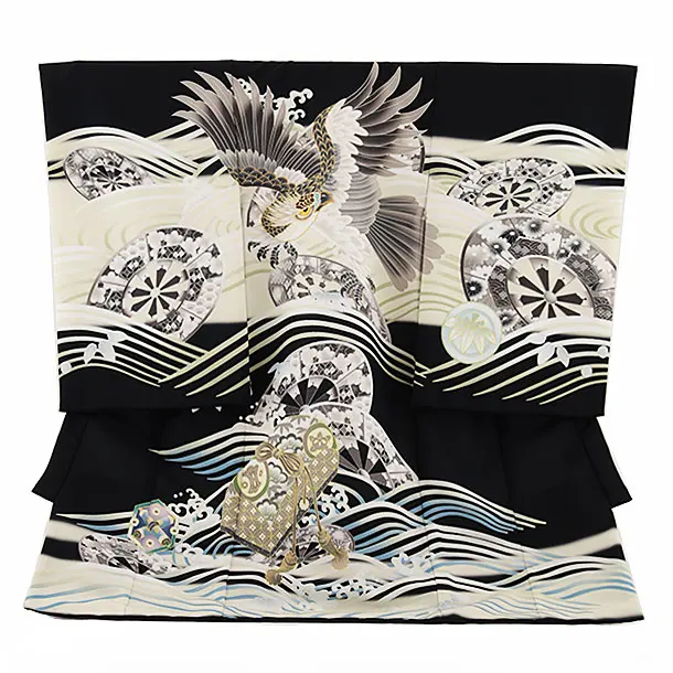 男児産着 お宮参りレンタル2682 黒地 鷹に源氏車