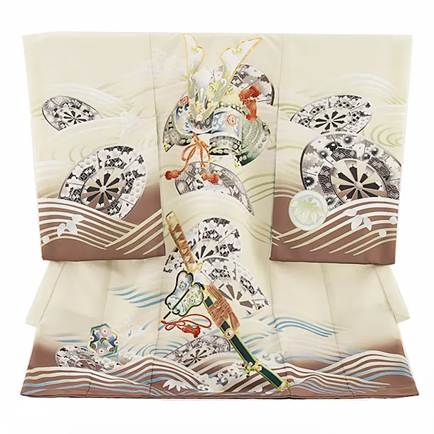 男児産着 お宮参りレンタル2683 ベージュ 兜に源氏車