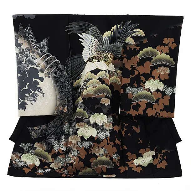 男児産着 お宮参りレンタル2687 黒地 鷹に蔦文