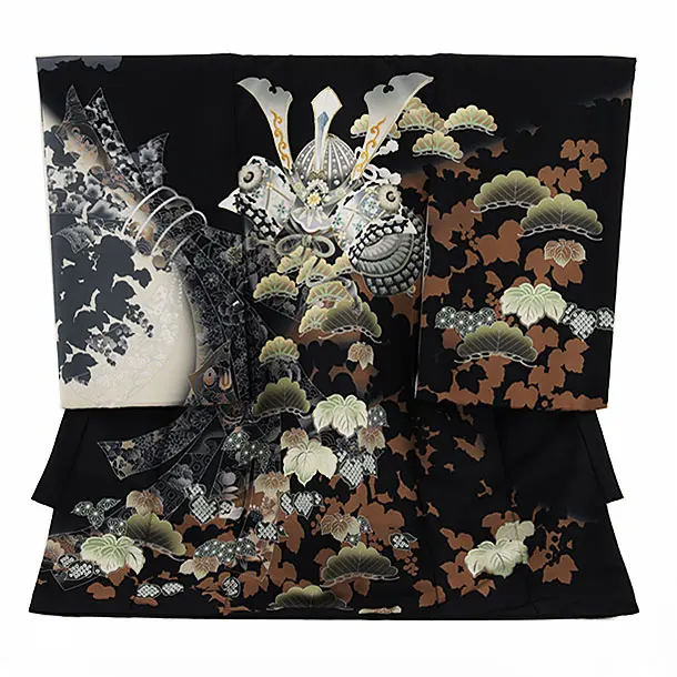 男児産着 お宮参りレンタル2689 黒地 兜に蔦文