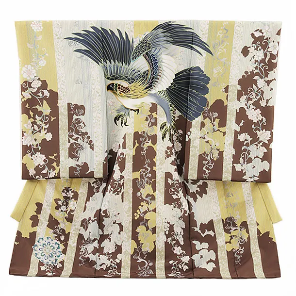 男児産着 お宮参りレンタル2691 黄×茶 更紗に鷹