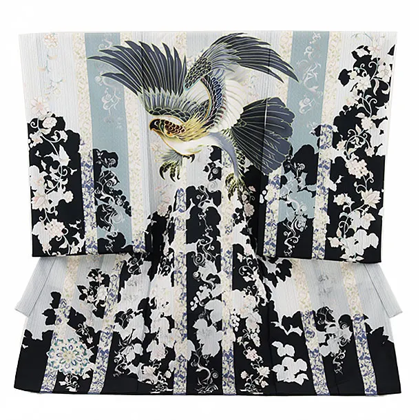 男児産着 お宮参りレンタル2692 水色×黒 更紗に鷹