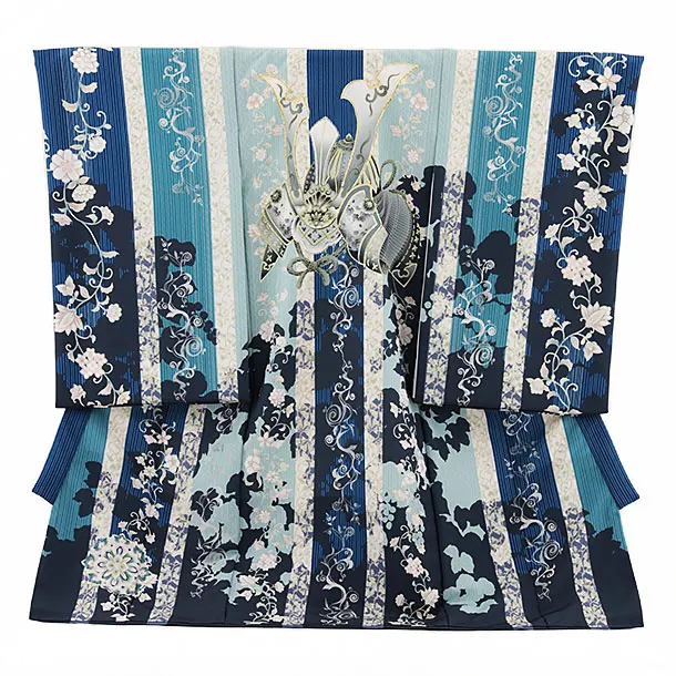 男児産着 お宮参りレンタル2693 青地 更紗に兜