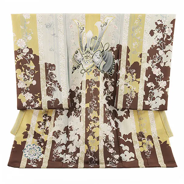 男児産着 お宮参りレンタル2694 黄×茶 更紗に兜