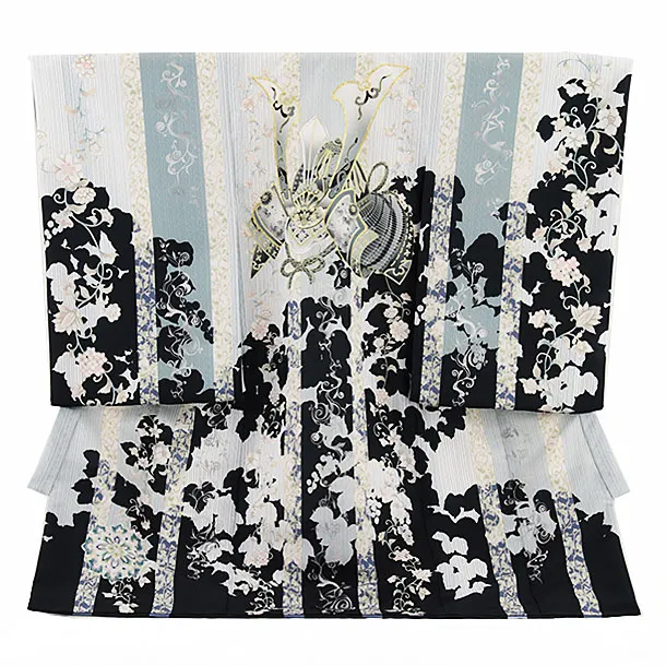 男児産着 お宮参りレンタル2695 水色×黒 更紗に兜