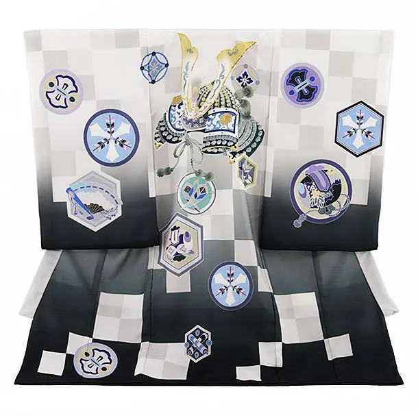 男児産着 お宮参りレンタル2704 【pitapita】グレー格子 兜に丸紋