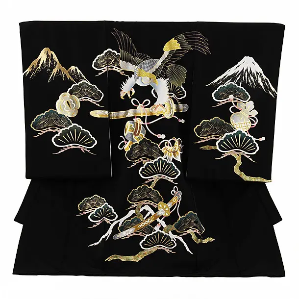 男児産着 お宮参りレンタル2708【正絹】 黒地 ウロコ柄 鷹に白蛇