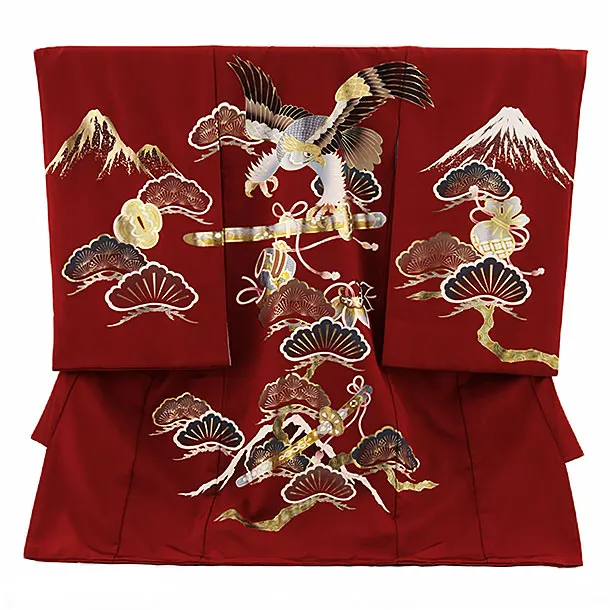 男児産着 お宮参りレンタル2709【正絹】 ワイン色 ウロコ柄 鷹に白蛇