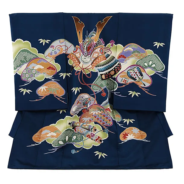 男児産着 お宮参りレンタル2742【正絹】紺地 兜に松