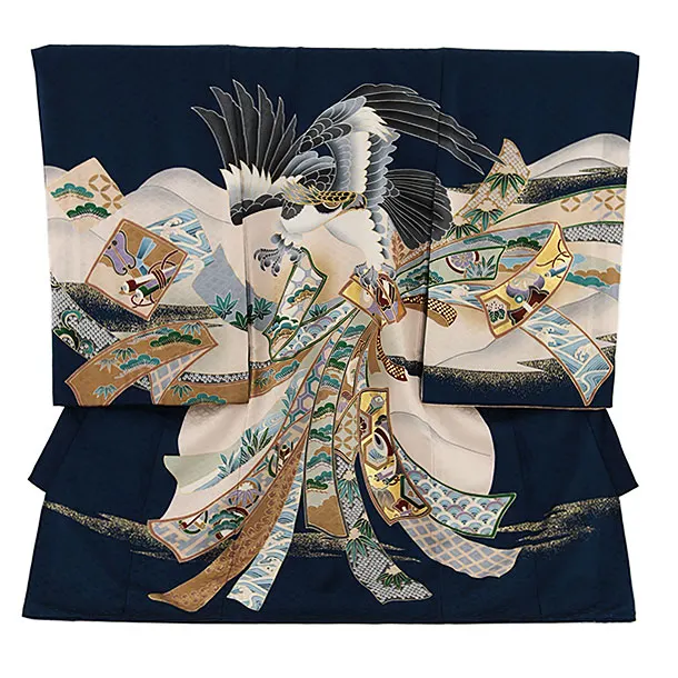 男児産着 お宮参りレンタル2743【正絹】紺地 鷹に束ね熨斗