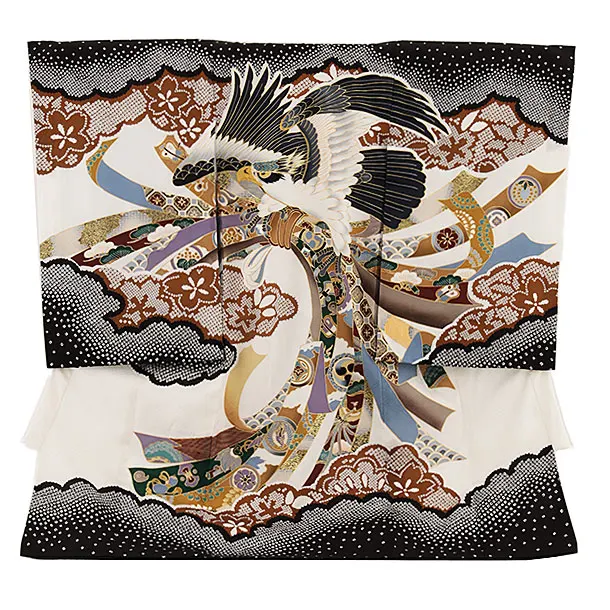 男児産着 お宮参りレンタル2744【正絹】ブラウン地 鷹に束ね熨斗