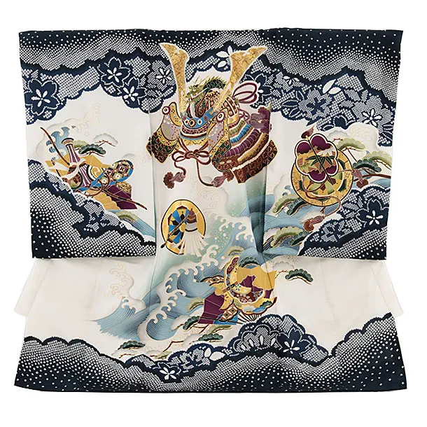 男児産着 お宮参りレンタル2746【正絹】紺地 兜に波