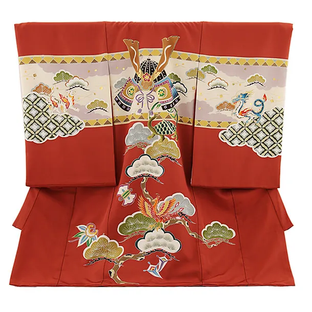 男児産着 お宮参りレンタル2747【正絹】煉瓦色 兜に四神