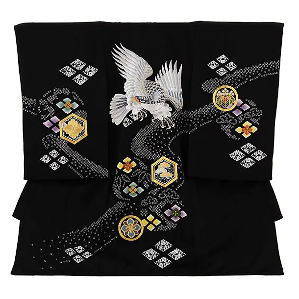 男児産着 お宮参りレンタル2749【正絹】黒地 鷹刺繍 金亀甲紋