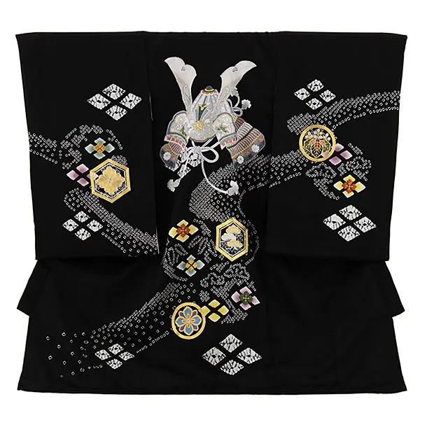 男児産着 お宮参りレンタル2750【正絹】黒地 兜刺繍　金亀甲紋