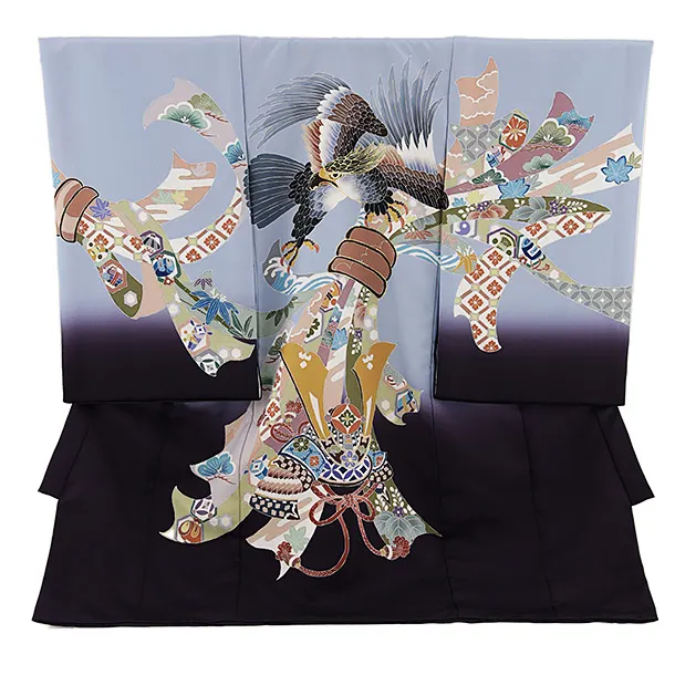 男児産着 お宮参りレンタル2753 ブルーグレー×紫 鷹と兜に束ね熨斗