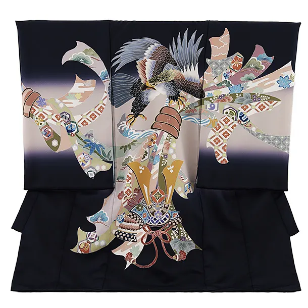 男児産着 お宮参りレンタル2754 濃紺 鷹と兜に束ね熨斗