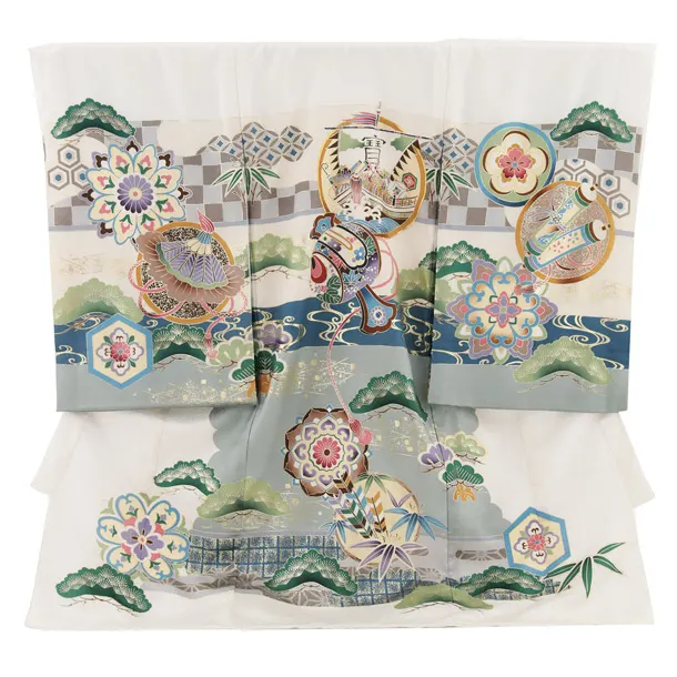 男児産着 お宮参りレンタル2781【正絹】白地　宝船と小槌に松