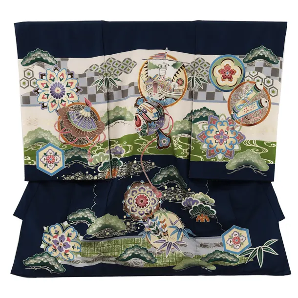 男児産着 お宮参りレンタル2782【正絹】紺地　宝船と小槌に松