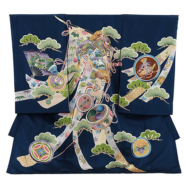 男児産着 お宮参りレンタル2784【正絹】青地 几帳に松と丸紋