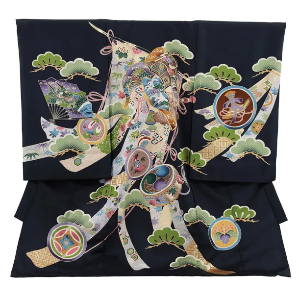 男児産着 お宮参りレンタル2786【正絹】紺地 几帳に松と丸紋