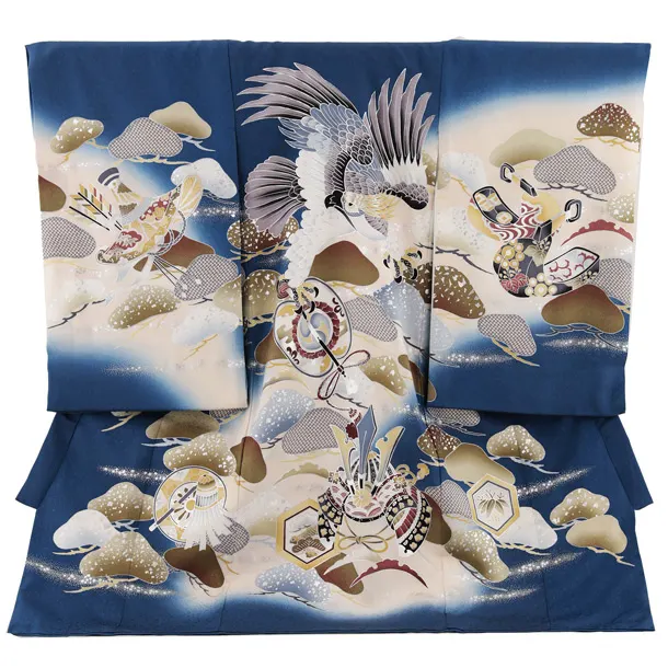 男児産着 お宮参りレンタル2794【正絹】青地 鷹と兜に松