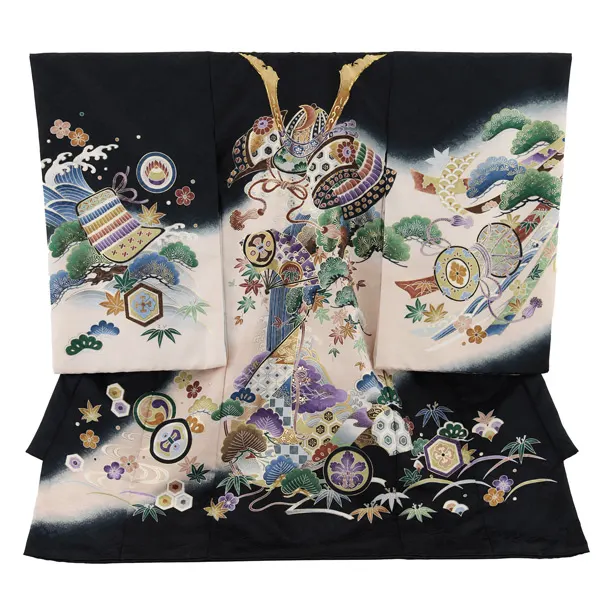 男児産着 お宮参りレンタル2797 黒地 兜に吉祥文様