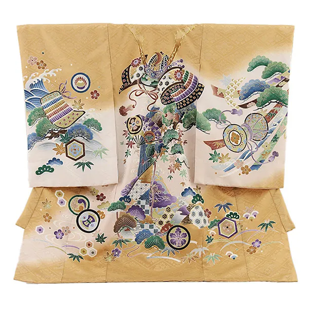 男児産着 お宮参りレンタル2798 ベージュ 兜に吉祥文様