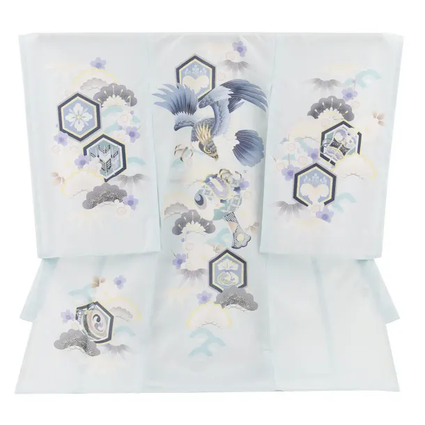 夏用男児産着 お宮参りレンタル2807 絽 水色 鷹と小槌 吉祥文様