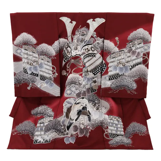 夏用 男児産着 お宮参り 2809 単衣 ワイン色 兜に松