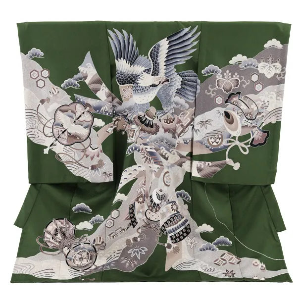 夏用 男児産着 お宮参り 2812 単衣 グリーン 鷹と兜に熨斗