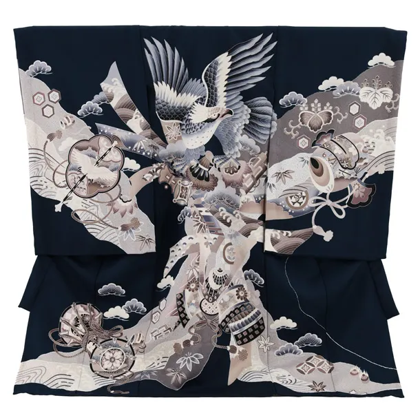 夏用 男児産着 お宮参り 2813 単衣 青墨色 鷹と兜に熨斗