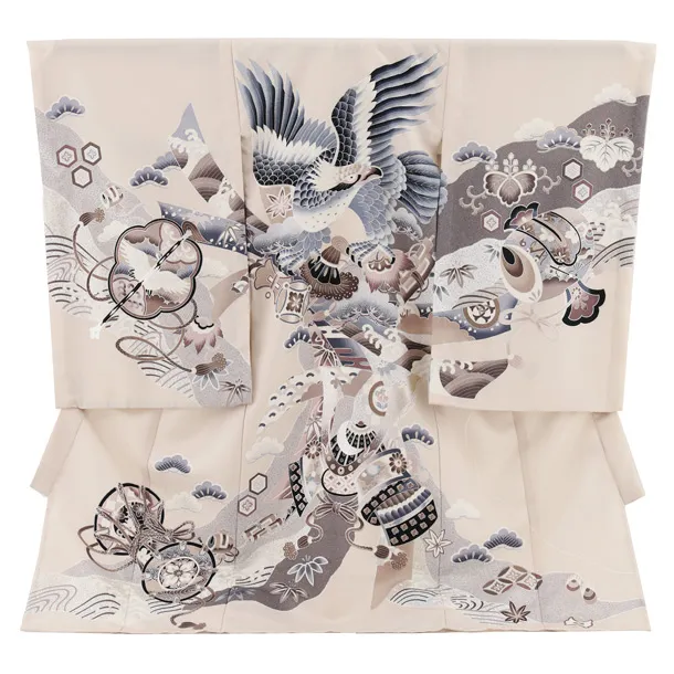 夏用 男児産着 お宮参り 2814 単衣 ベージュ 鷹と兜に熨斗