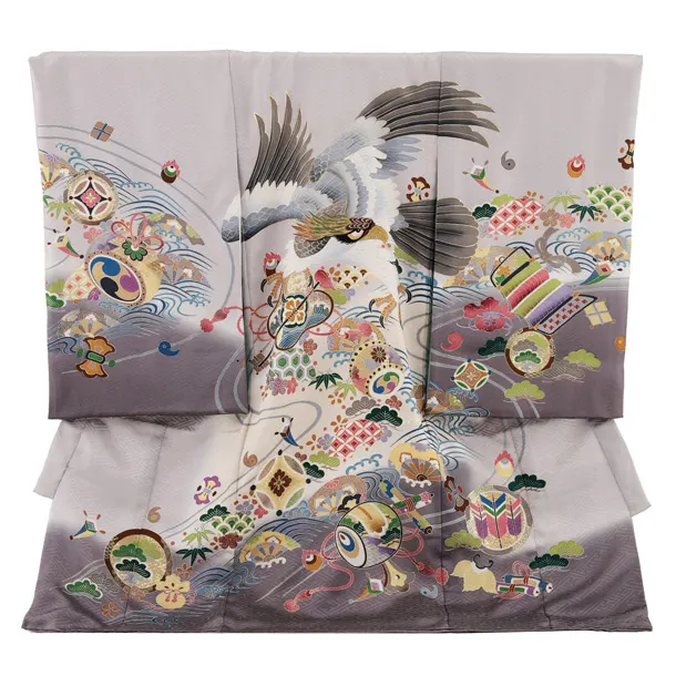 男児産着 お宮参りレンタル2815【正絹】グレー地 鷹と波に吉祥文様