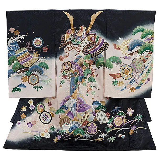 夏用 男児産着 お宮参り 2818 単衣 黒地 兜に松